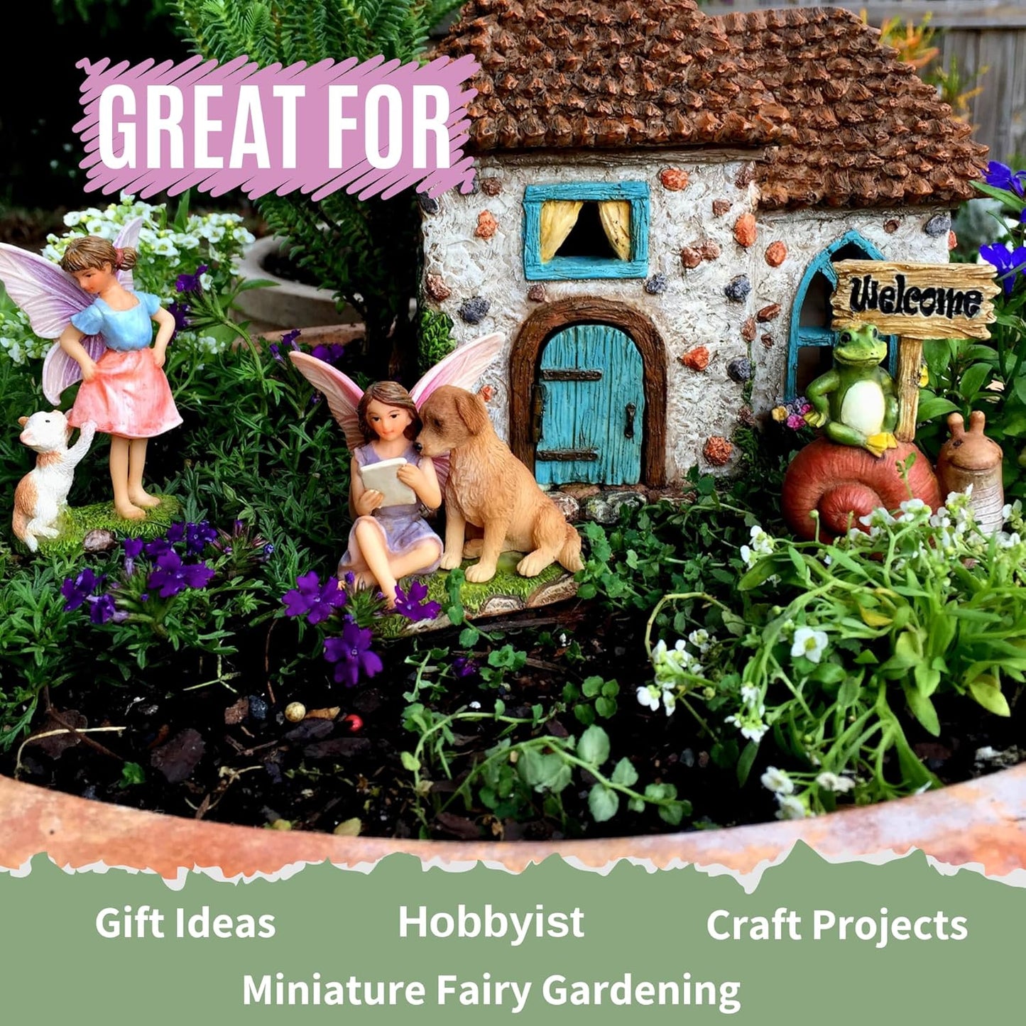 PRETMANNS Fairy House Kit - Fairy Garden Accessories for Outdoor Miniature Village Decor, with Fairies & Sign - House, 6.5' High & Door can Open Wide - 4 Piece Supplies
