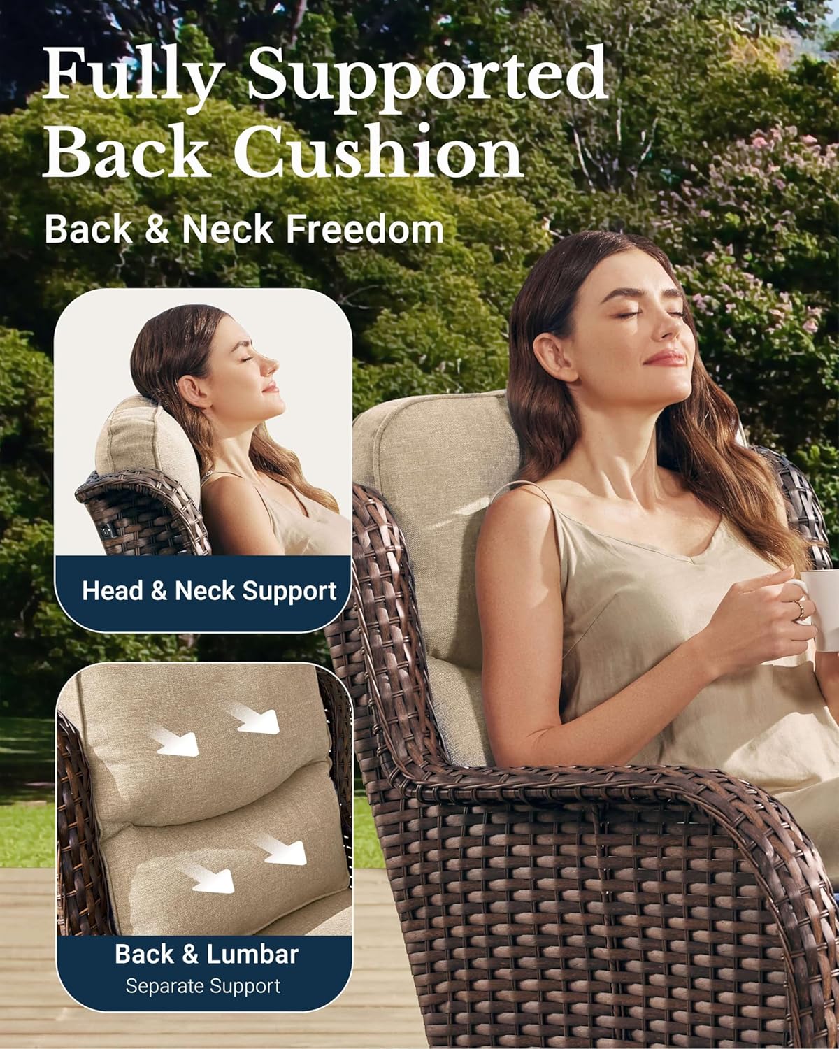 HILLGA Luxury Patio Furniture Set with 6-Inch Thick Cushions, High Back Outdoor Swivel Rocker Chairs and Table, 6-Piece All Weather Conversation Set for Porch Deck Balcony Yard, Beige (V3)