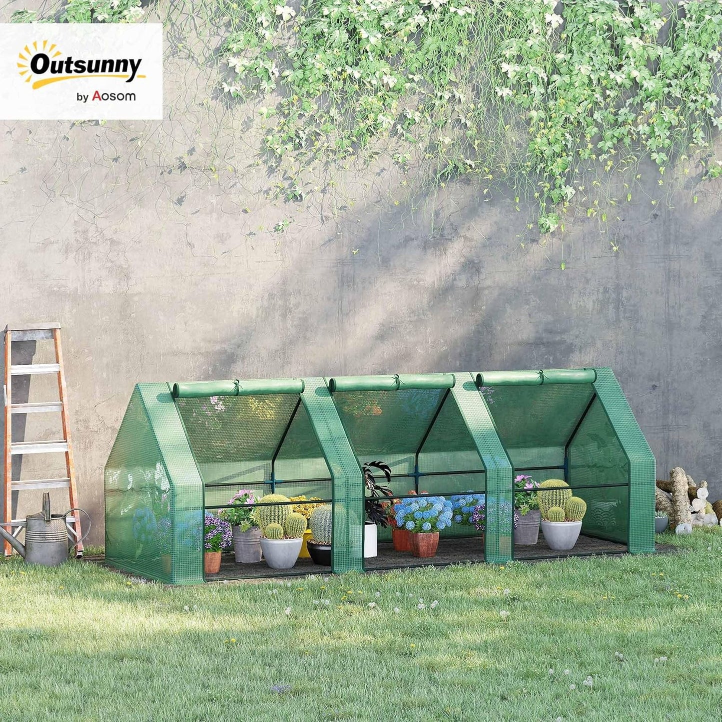 Outsunny 9' x 3' x 3' Mini Greenhouse with Zippered Doors & Roll-up Windows, Portable Plant Hot House with Durable PE Cover, Water Resistant, UV Protected for Outdoor Flowers, Vegetables, Green