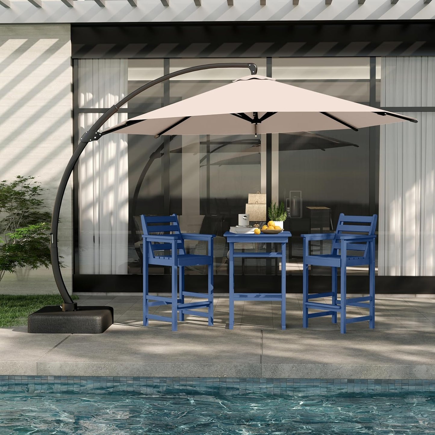 3-Piece Outdoor Bar Set with Beige 11FT Cantilever Umbrella, HDPE Tall Balcony Adirondack Chairs and Table, Outdoor Bar Stools for Patio (Navy Blue)