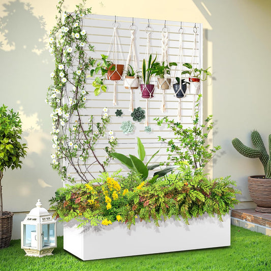 Trellis for Climbing Plants Outdoor，Mental Garden Bed with Drainage Holes Outdoor Privacy Screen Design Tall planters for herb Flower Vegetables 73"x47"x16", White-Louvered