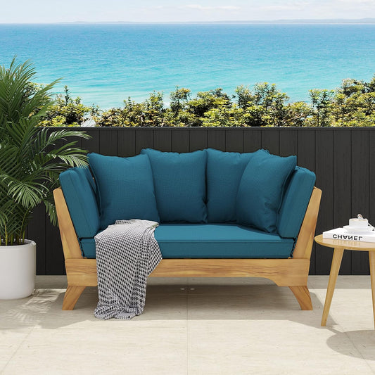 Outdoor Adjustable Patio Wooden Serene Daybed Sofa Chaise Lounge with Cushions for Small Places, Sleeper Chair with Armrest for Backyard, Poolside (Blue)