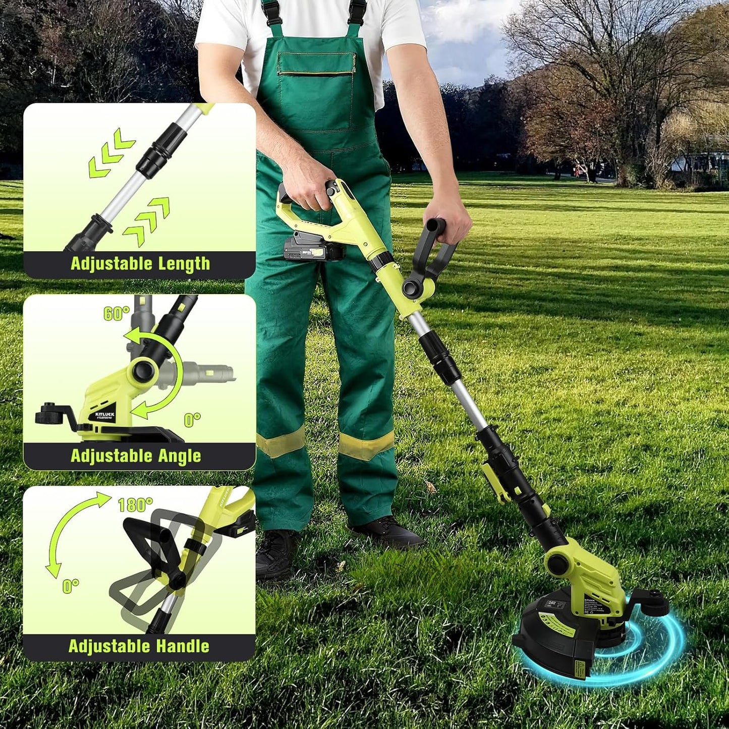 KITLUCK 20V Cordless Grass Trimmer, Electric Lawn Mower Weed Cutter with Auto Line Feed, 12-inch String Trimmer Edger Lawn Tool with 4 PCS Spool Line and 2.0Ah Battery for Lawn Care, Yard, Garden