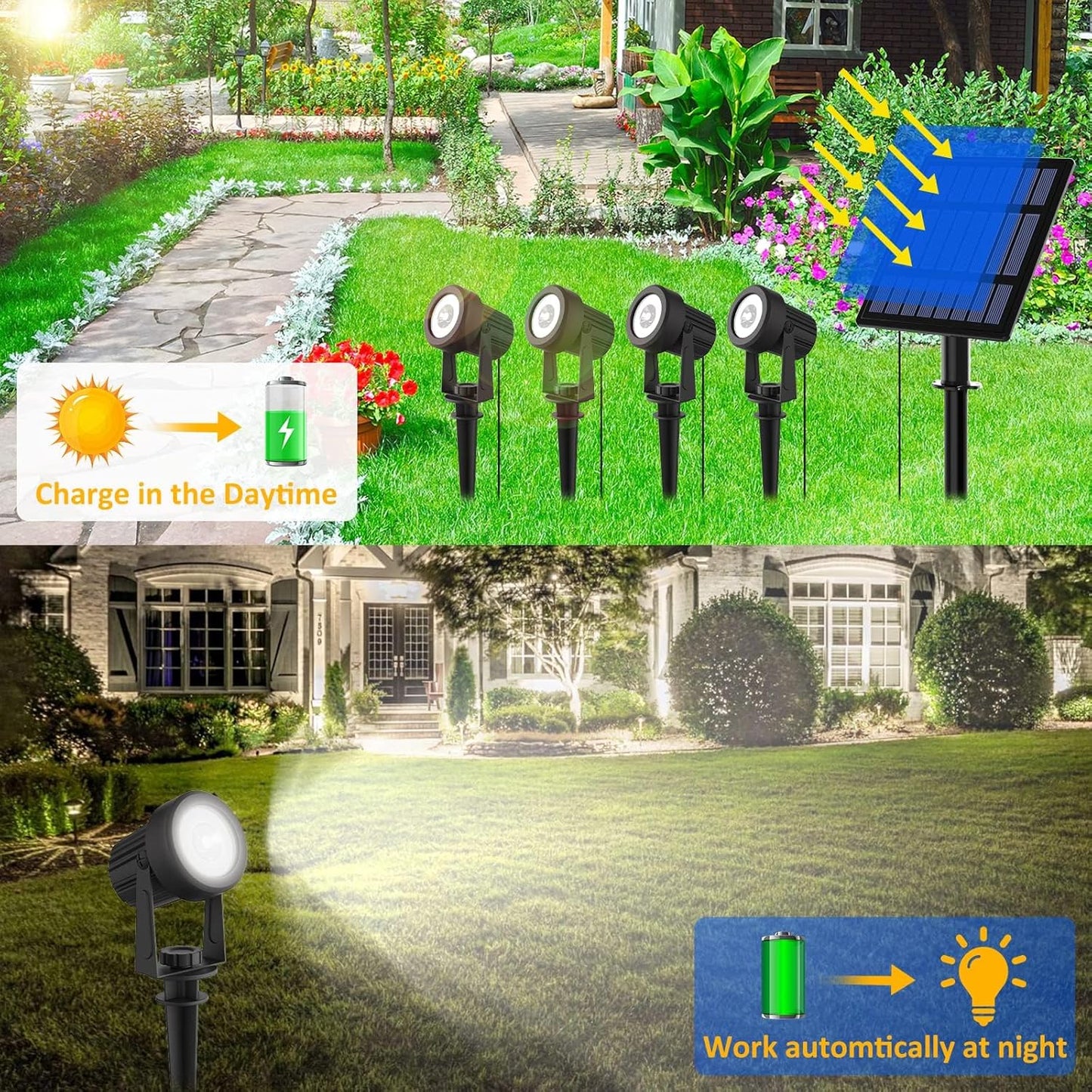 T-SUNUS Halloween Solar Garden Spotlight White Outdoor, 4-in-1 Spot Lights 6000K IP65 Waterproof 9.8ft Cable 5W Separated Panel, Auto On/Off Spotlights for Christmas Tree Yard Driveway Pathway Pond