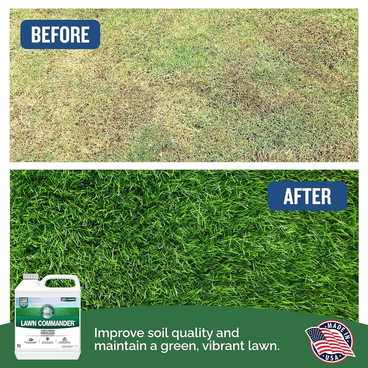 Turf Titan Lawn Commander – All-in-One Lawn Booster and Fertilizer (1 Gallon) – Peak Growth & Green Grass for All Seasons – Tri-Action Nitrogen Tech Fertilizer Concentrate – Covers up to 32,000 Sq Ft