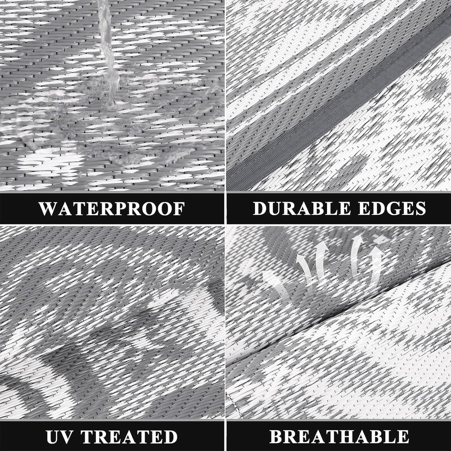 Pauwer Waterproof Outdoor Rug 9x12, Reversible Plastic Straw Patio Camping Rug, Indoor Outdoor RV Mat Carpet for Deck, Camper, Porch, Balcony, Backyard, Picnic, Clover Grey