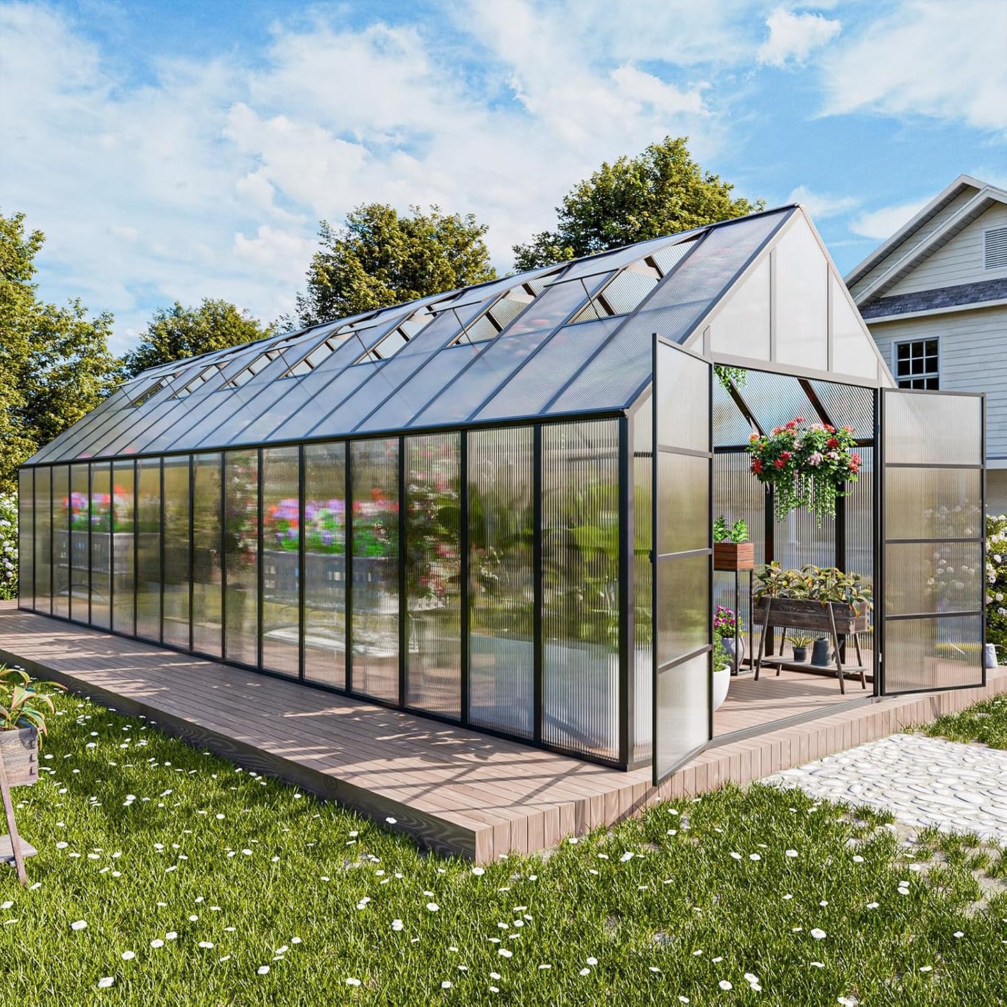 CDCASA 10x32 FT Greenhouse for Outdoors,Large Easy Assembly Thicker Aluminum Polycarbonate Greenhouses w/7 Windows, Double Door, Walk-in Green House for Outside,Patio,Backyard,Garden