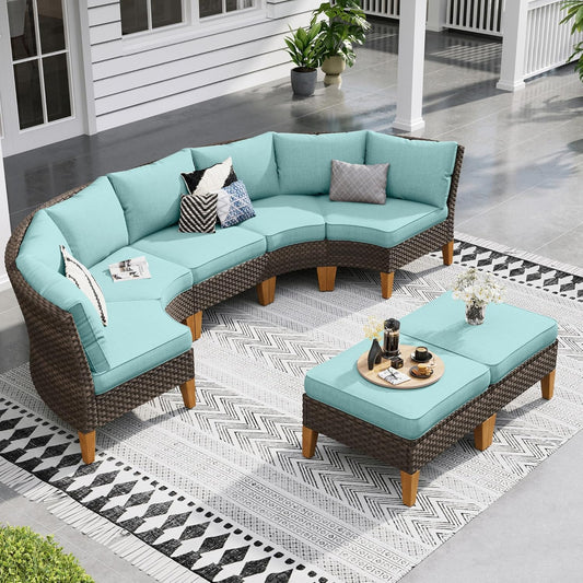 Sophia & William Outdoor Wicker Sectional Sofa Set, 7 Piece Half Moon Curved Patio Furniture Modern Round Outdoor Couch Conversation Set with Ottoman for Backyard, Pool, Garden(Aqua Blue)