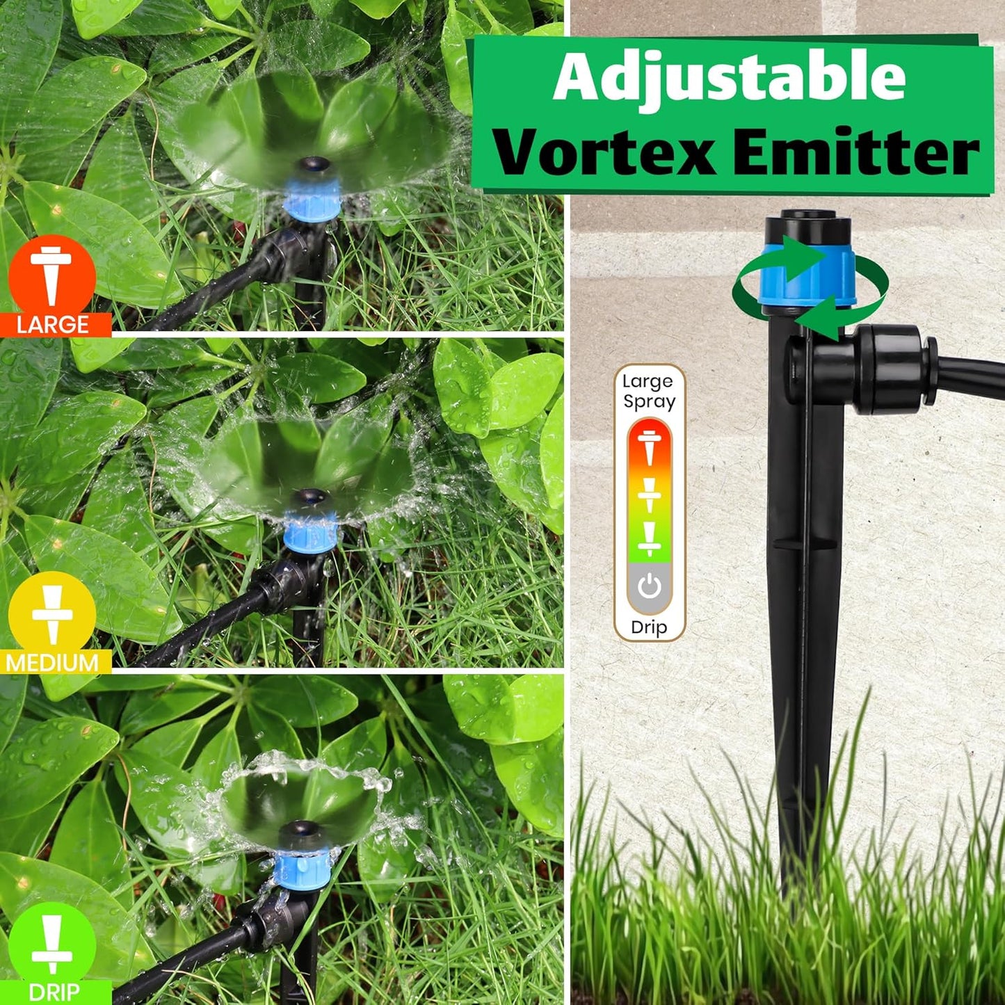 MIXC 30pcs Quick-Connect Drip Irrigation Emitters Fan Shape for 1/4" Drip Irrigation Tubing - Adjustable Push-to-Connect 360° Drip Emitters Vortex on 6" Sturdy Stake for Irrigation System