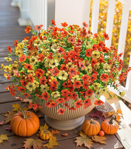 Artificial Fall Flowers Faux Mums for Outdoor Indoor Garden Home Decoration, Faux Flower Daisy with Eucalyptus Leaves Fake Mums Plants Greenery Boxwood Porch Patio, 12 Bundles (OrangeYellow)