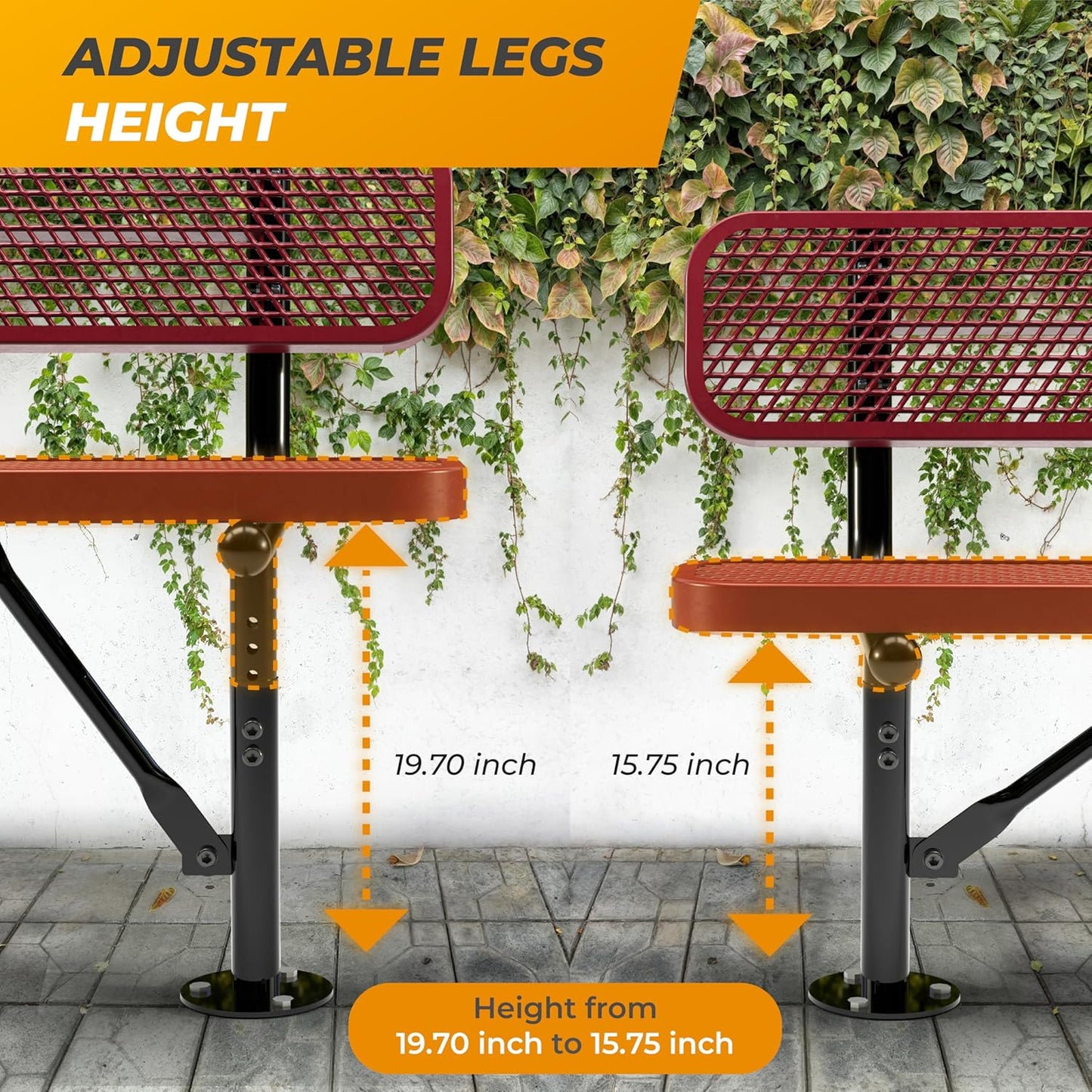 Heavy-Duty Outdoor Metal Bench, Thermoplastic-Coated, Surface, Weatherproof, Commercial-Grade for Parks, Gardens, Patios, Stores & More (6 Ft - Surface with Back, Red)