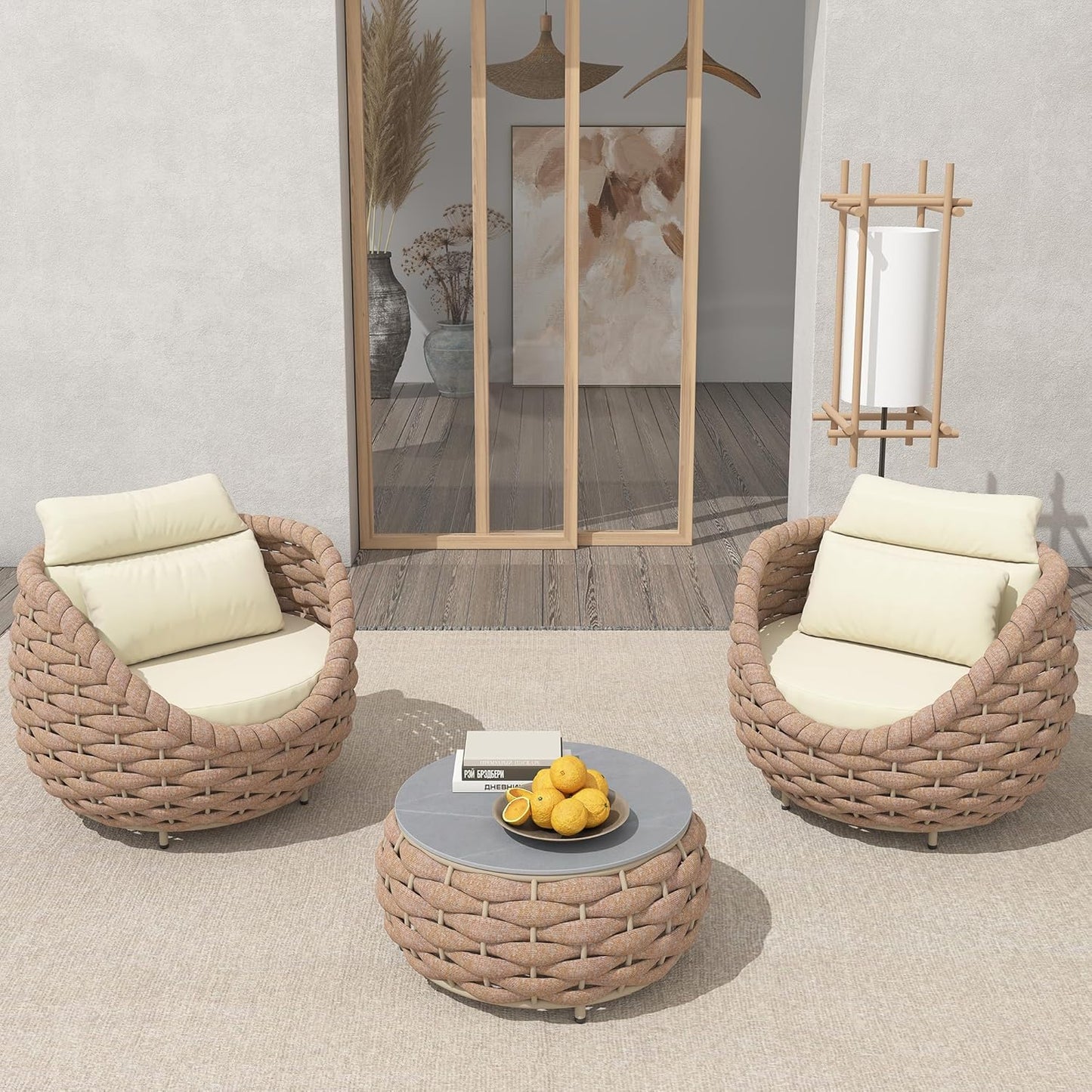 TWT 3 Pieces Aluminum Patio Furniture Set Quick Drying Textilene Rope Outdoor Sofa Set w/Washable Cushion and Rock Slab Tabletop, Conversation Furniture for Livingroom Poolside Balcony (Khaki)