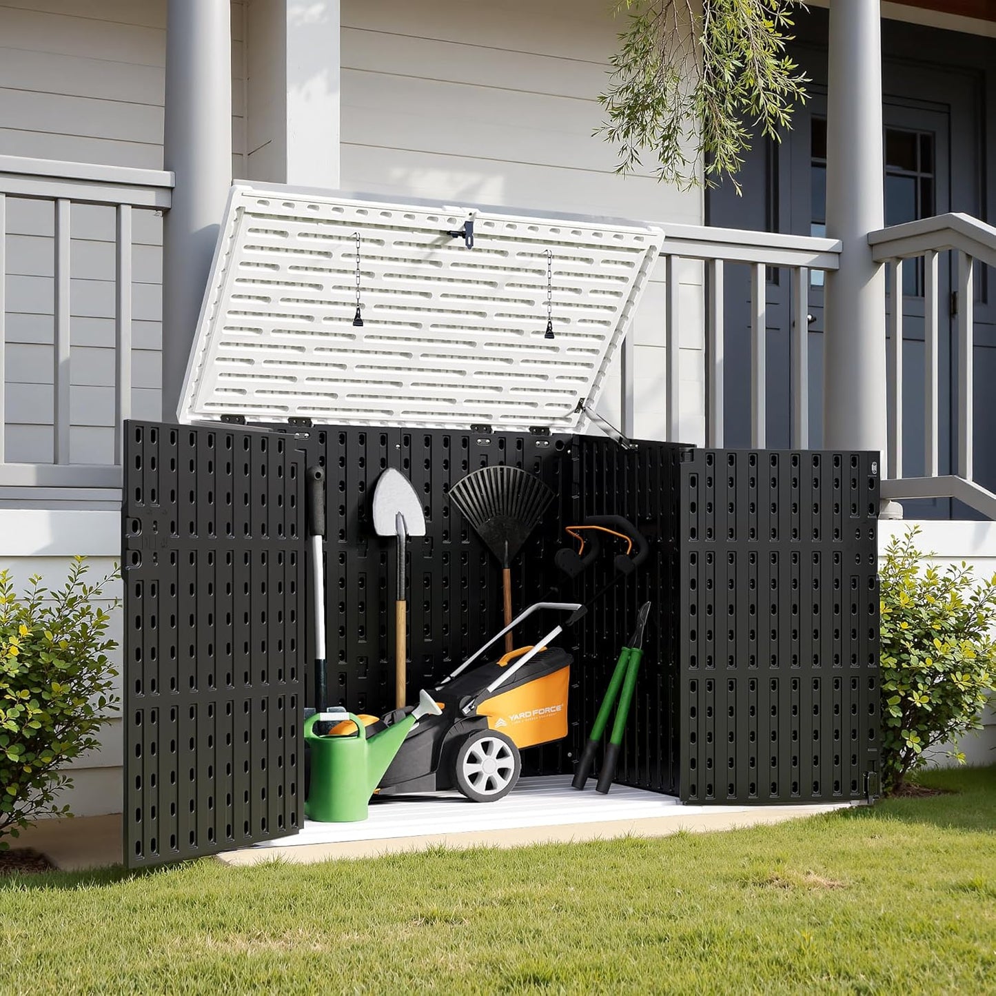 Greesum Outdoor Resin Storage Shed, 34 Cu.ft Horizontal Outdoor Storage Box Waterproof for Garden, Pool Storage, Garbage Cans, Black