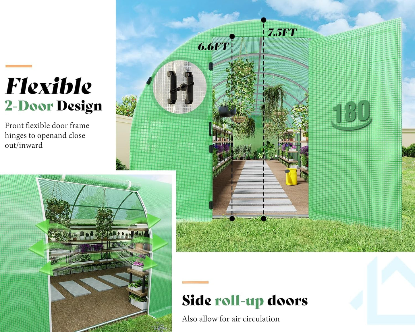 AMERLIFE 44x10x7.5 FT Tunnel Greenhouse for Outdoors, Extra Large Walk in Greenhouse with Galvanized Steel Frame, Premium PE Cover & Film Clips, Swing Door, Green