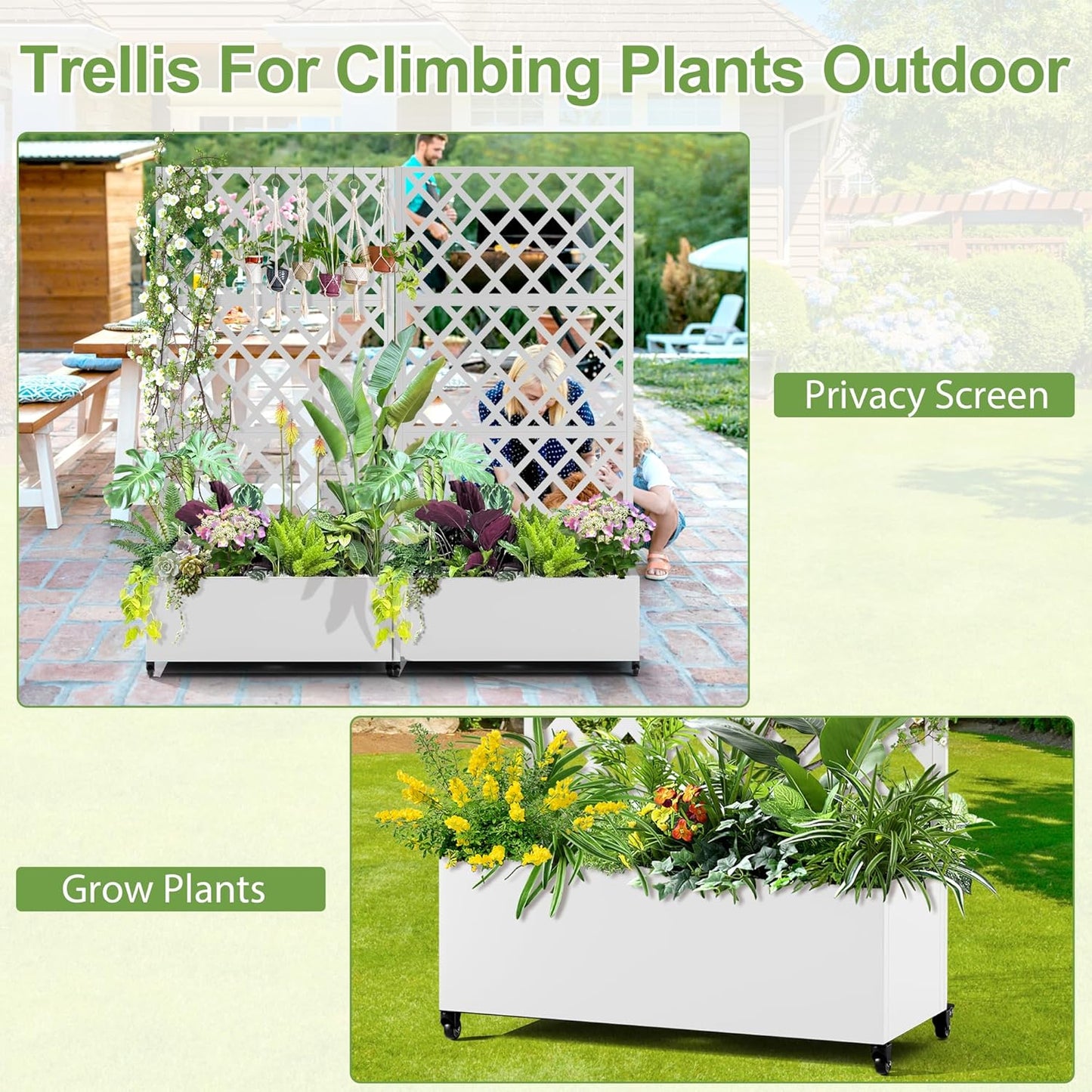 Metal Planter Trellis Box with Wheels & Drain Plug Outdoor Raised Garden Bed Patio Privacy Screen with Planter for Climbing Plants, Vegetables 73"x35"x16" White-Diamond