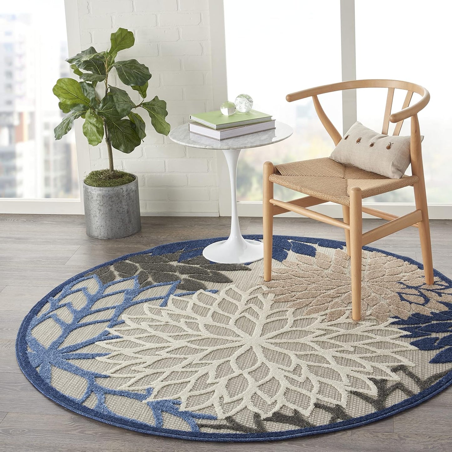 Nourison Aloha Indoor/Outdoor Blue/Multicolor 4' x Round Area Rug, Tropical, Botanical, Easy Cleaning, Non Shedding, Bed Room, Living Room, Dining Room, Deck, Backyard, Patio (4 Round)