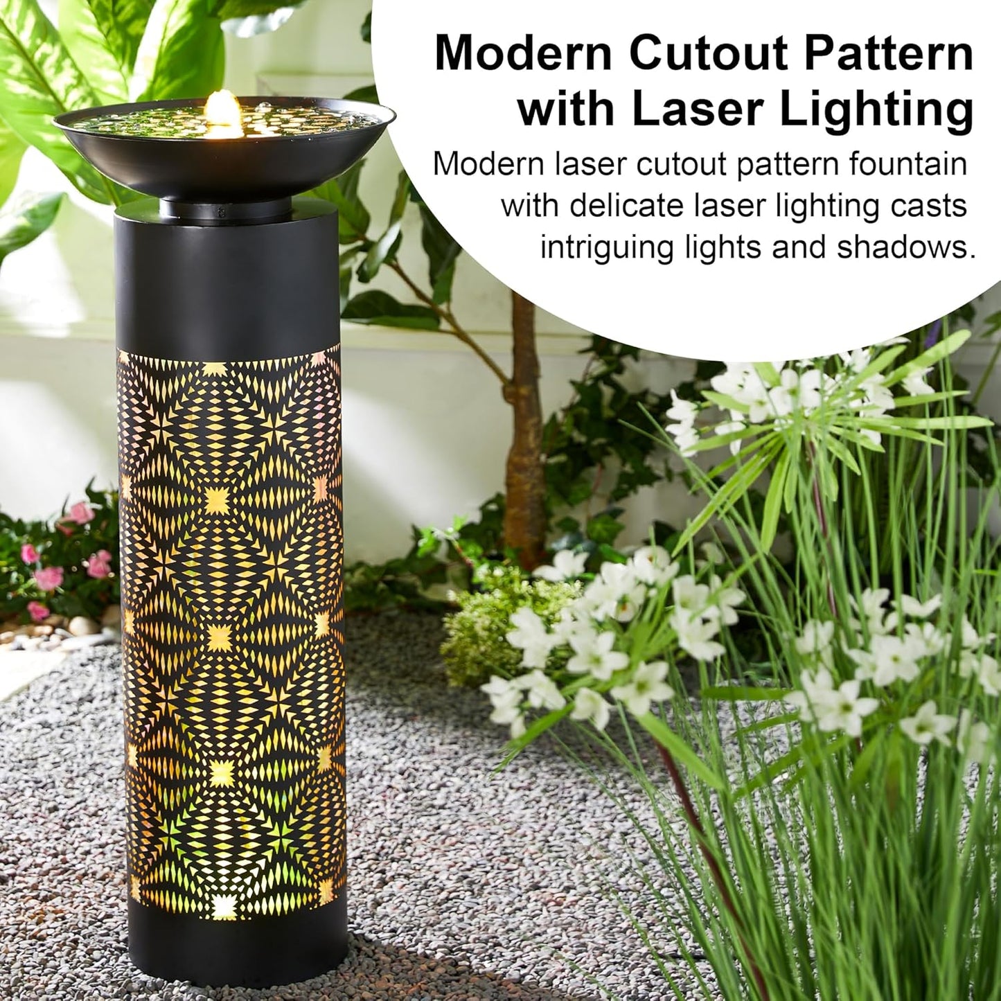 Glitzhome Modern Black Metal Cutout Water Fountain - 36'' Outdoor Bird Bath Fountain with LED Light & Pump - Freestanding Waterfalls Garden Fountains for Patio Backyard Porch Patio Decor