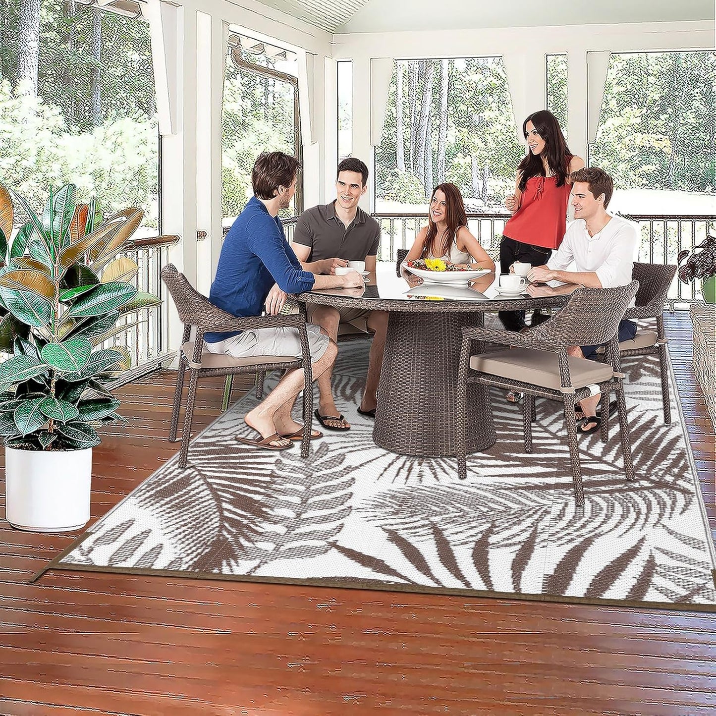 HiiARug Outdoor Rug 6x9Ft Outdoor Plastic Straw Rug Waterproof Outdoor Rugs for Patios Clearance Large Reversible Patio Mat Outdoor Area Rug for Patios Deck Beach RV Camper Backyard,Brown&White