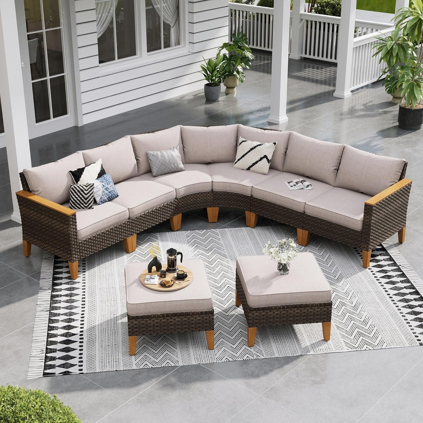 Sophia & William Half Moon Patio Furniture Set 8 Piece Outdoor Sectional Sofa Set, Wicker Patio Conversation Set with 1 Curved Sofa, 2 Armless Chairs, 2 Corner Couch, 2 Ottoman for Deck, Lawn (Beige)