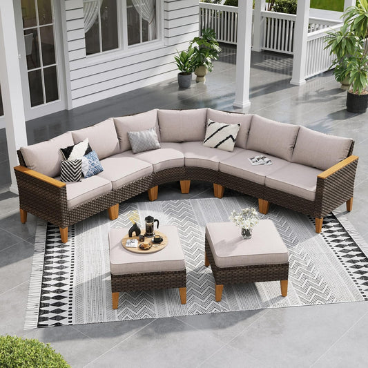 Sophia & William Half Moon Patio Furniture Set 8 Piece Outdoor Sectional Sofa Set, Wicker Patio Conversation Set with 1 Curved Sofa, 2 Armless Chairs, 2 Corner Couch, 2 Ottoman for Deck, Lawn (Beige)