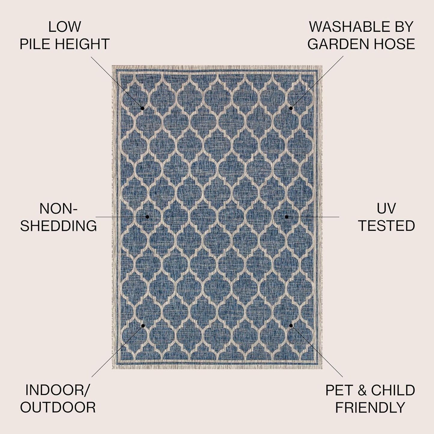 Eyely BMS109D-4SQ Santa Monica Trebol Moroccan Trellis Textured Weave, Pet Friendly, Non-Shedding, Stain Resistant, Easy-Cleaning, Navy/Gray, 4' Square, Indoor/Outdoor, Area Rug