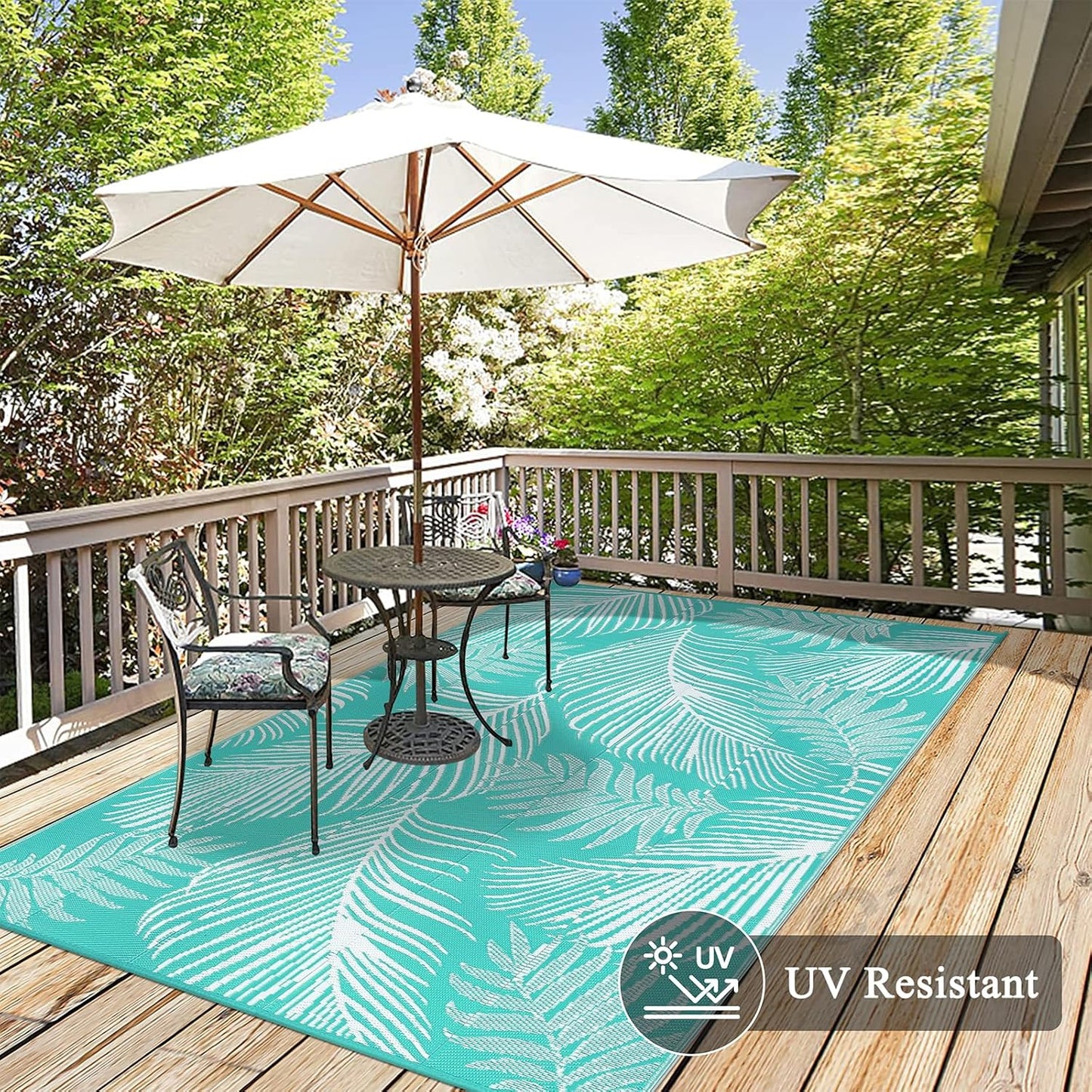 Pauwer Waterproof Outdoor Rug 8x10, Reversible Plastic Straw Patio Camping Rug, Indoor Outdoor RV Mat Carpet for Deck, Camper, Porch, Balcony, Backyard, Picnic, Leaf Light Blue