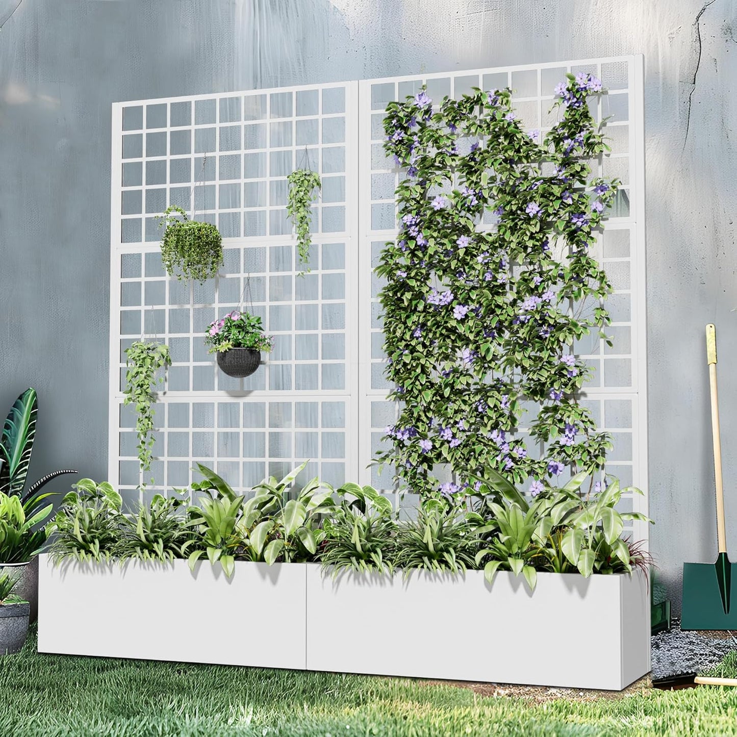 Casaphoria Metal Raised Garden Bed with Trellis and Wheels, 72"x35"x16" Planter Box for Climbing Plants, Vegetables & Vines, Features Drainage Holes and Privacy Screen (White-Square)