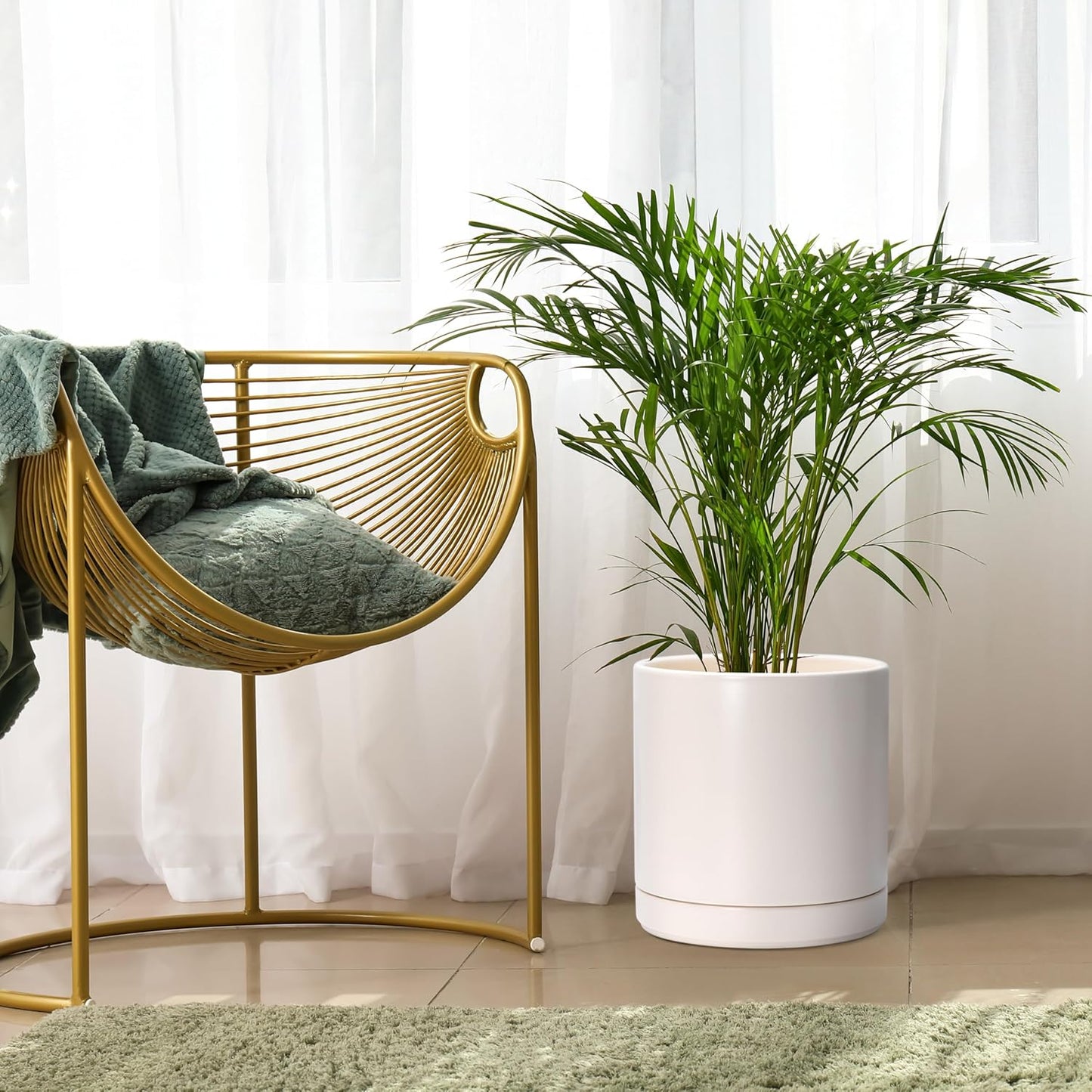 D'vine Dev 10 Inch Ceramic Planter Pot with Drainage Hole and Saucer, Indoor Cylinder Round Planter Pot, Oatmeal, 94-O-E-8