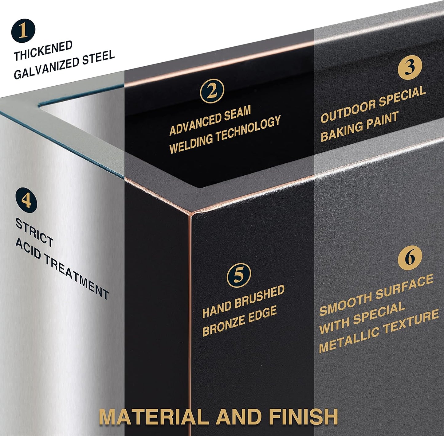 Metallic Heavy Outdoor Planter Box, Span Planter, Pure Black with Hand Brushed Gold Rim, Long and Tall Divider Planter, No Assembly and Seamless, 38”Lx10”Wx30”H 48.8 Pounds