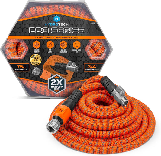 HydroTech 75 ft Expandable Garden Hose - Pro Series, 2x Max Flow, 3/4" No-Kink Flexibility, Lightweight Hose for Lawn, Garden, Car Washing, Deck and Patio Cleaning
