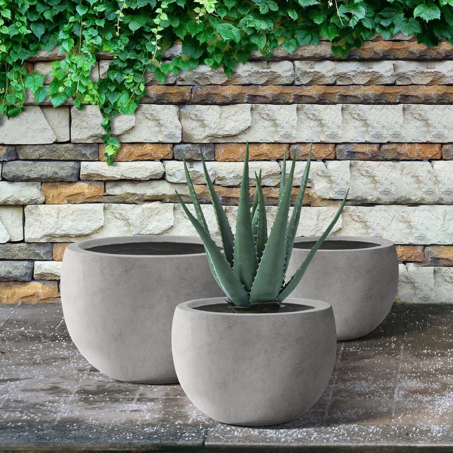 Kante 19.9",15.7",11.8" Dia Round Concrete Planter Set of 3, Outdoor/Indoor Large Bowl Plant Pots with Drainage Hole and Rubber Plug for Garden Patio Balcony Home, Natural Concrete