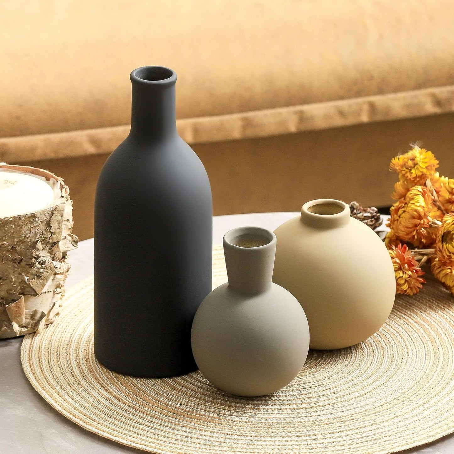 Ceramic Vase Set of 3, Flower Decorative Vases Home Decor Boho Neutral Modern Pottery Pampas Vases for Centerpiece Bouquet Table Mantel Entryway Bookshelf Living Room Bedroom Bathroom Kitchen