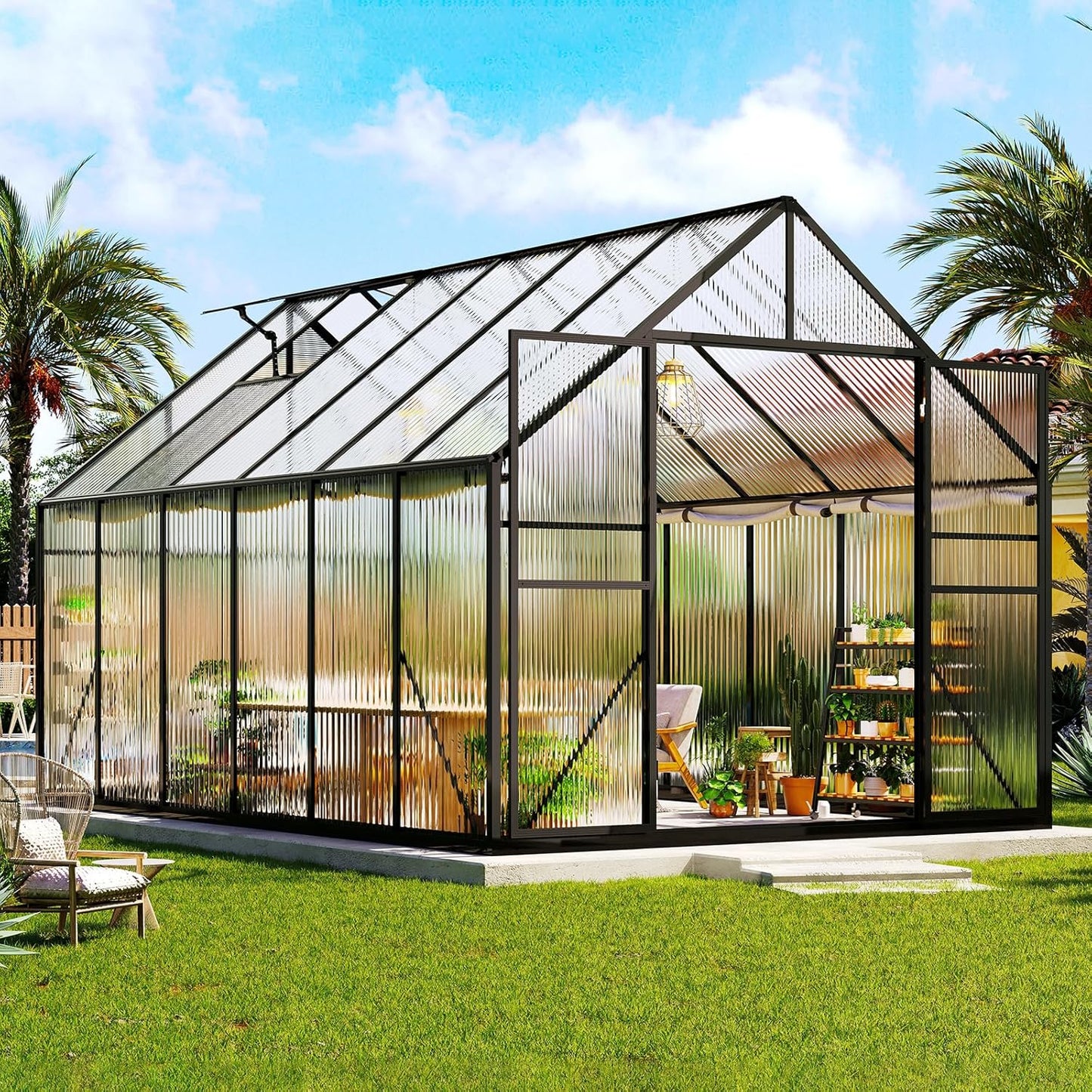 Amerlife 8x11.5x7 FT Polycarbonate Greenhouse for Outdoors, Walk-in Design with Aluminum Frame, 2 Windows and Swing Door, Heavy-Duty Greenhouse Construction for Garden, Black
