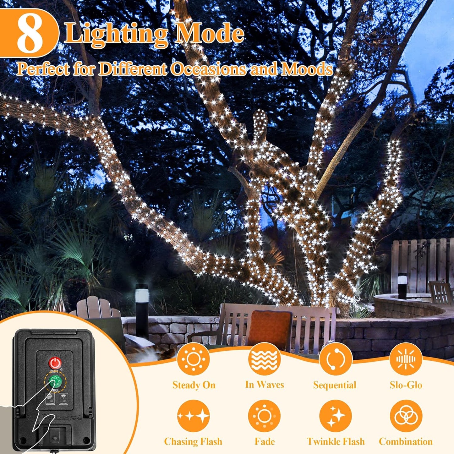 2 Pack Solar String Lights Total 480LED 158FT, IP67 Waterproof Solar Lights for Outside with 8 Modes, Upgraded Solar Panel Fairy Lights for Garden Party Wedding Decorations (Cool White)