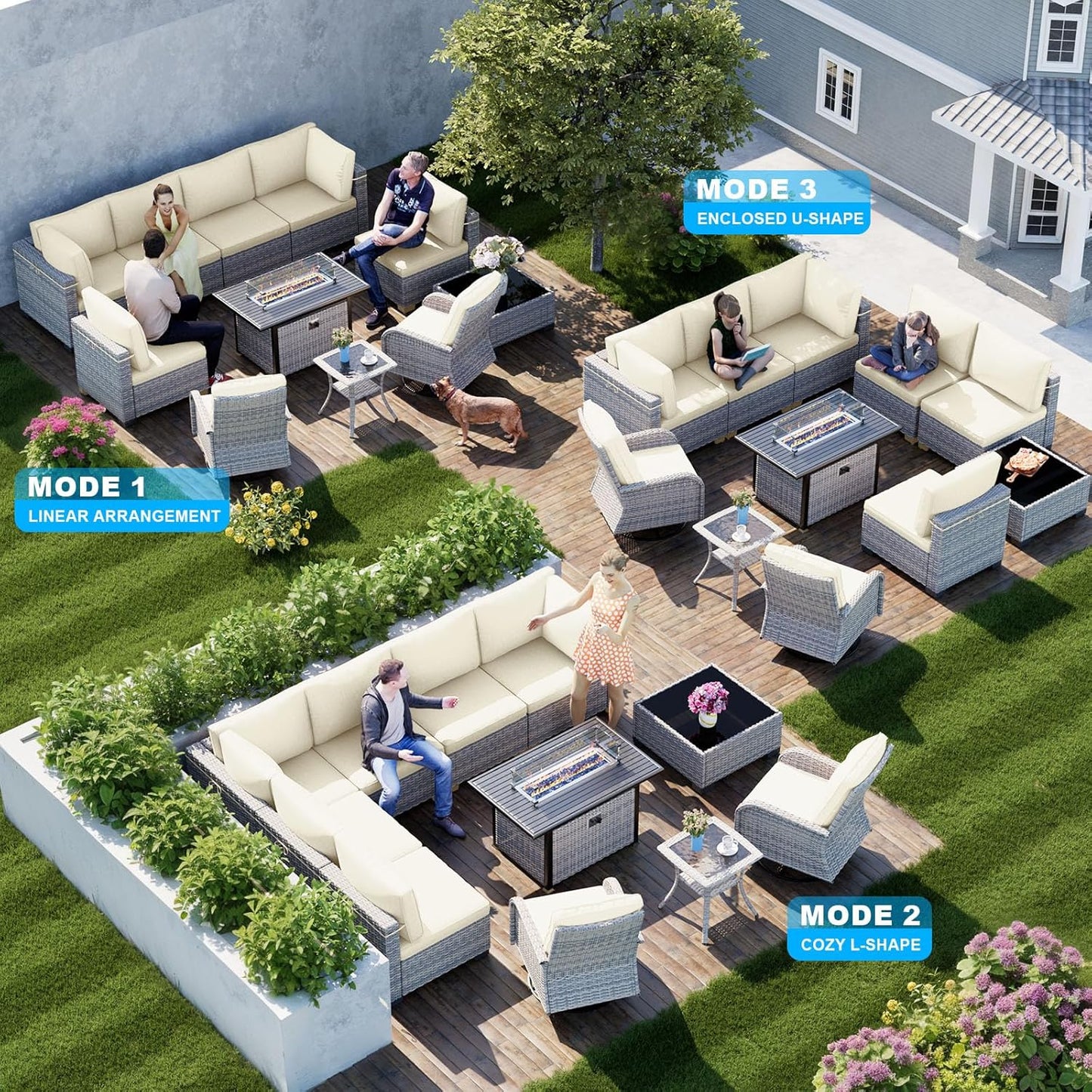 11-Piece Patio Furniture Set, Outdoor Patio Furniture with 55,000 BTU Fire Pit Table, Swivel Chairs Set, Thick Cushions, Modular Patio Sofa, Dual-Strand Wicker Rattan, Rust-Resistant Frame, Ivory