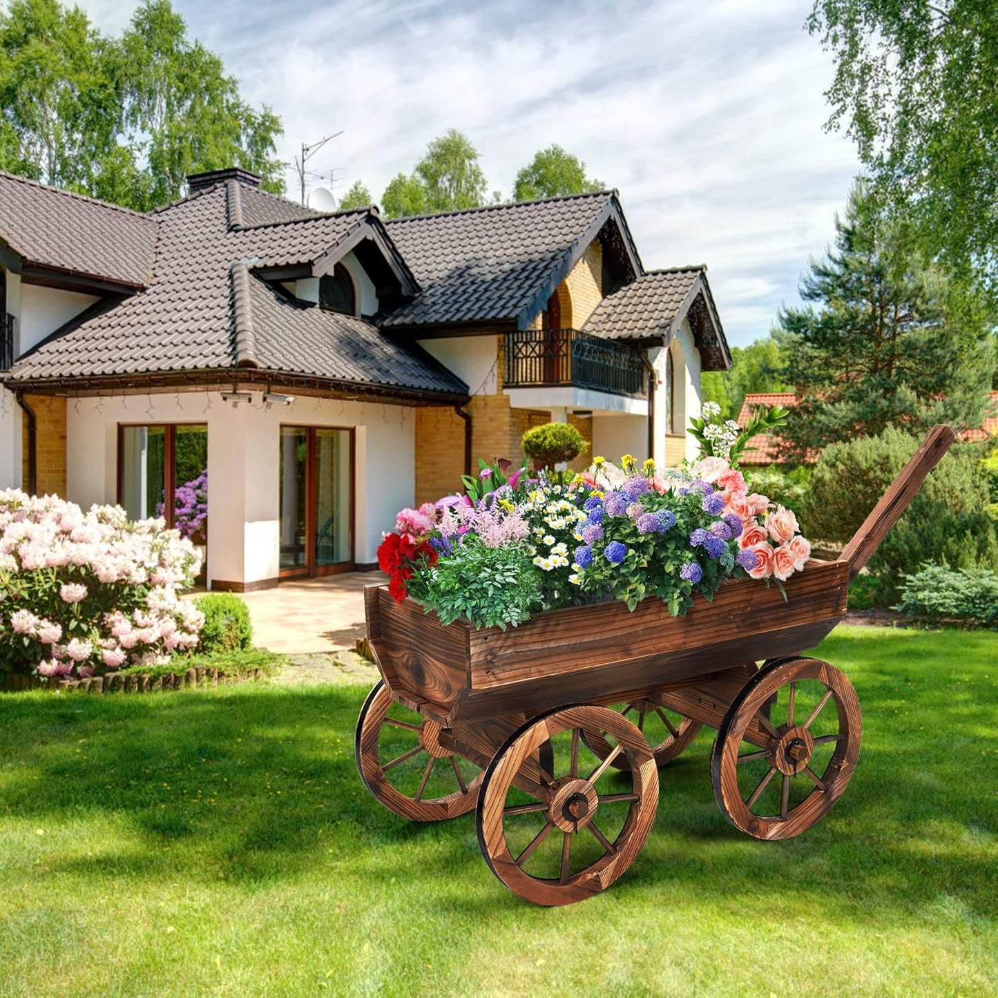 Wood Wagon Planter for Outdoor Balcony Decor - Garden Rustic Wooden Flower Cart with Wheels for Outside Garden Decor Wheelbarrow Planter for Patio