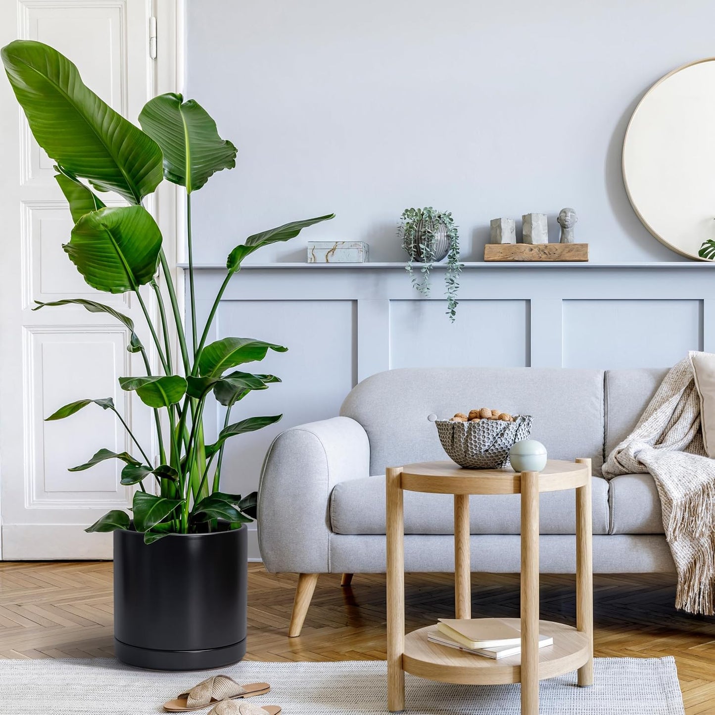 D'vine Dev 10 Inch Ceramic Planter Pot with Drainage Hole and Saucer, Indoor Cylinder Round Planter Pot, Black, 94-O-E-2