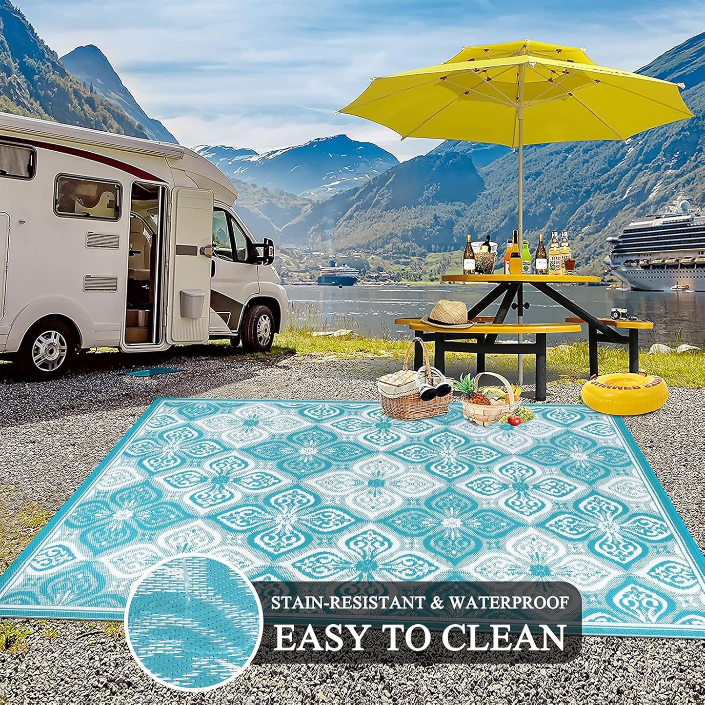 Pauwer Waterproof Outdoor Rug 9x12, Reversible Plastic Straw Patio Camping Rug, Indoor Outdoor RV Mat Carpet for Deck, Camper, Porch, Balcony, Backyard, Picnic, Clover Teal