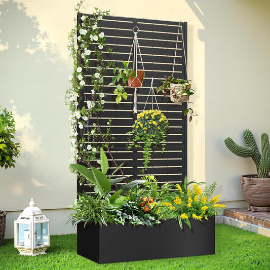 Trellis for Climbing Plants Outdoor，Mental Garden Bed with Drainage Holes Outdoor Privacy Screen Design Tall planters for herb Flower Vegetables 73"x35"x16", Black-Louvered