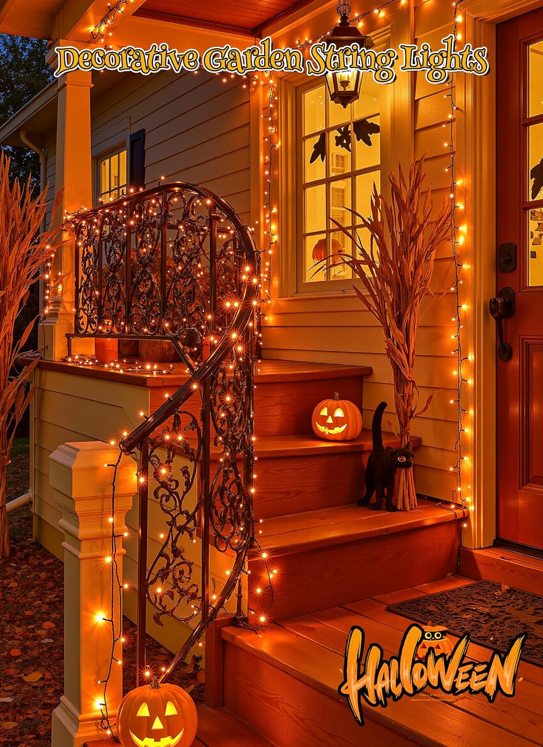 Brightown 4 Pack Solar Halloween Lights, Total 184FT 480 LED Solar String Lights Outdoor Waterproof Black Wire with 8 Modes, Solar Fairy Light for Garden Yard Patio Party Decors, Orange