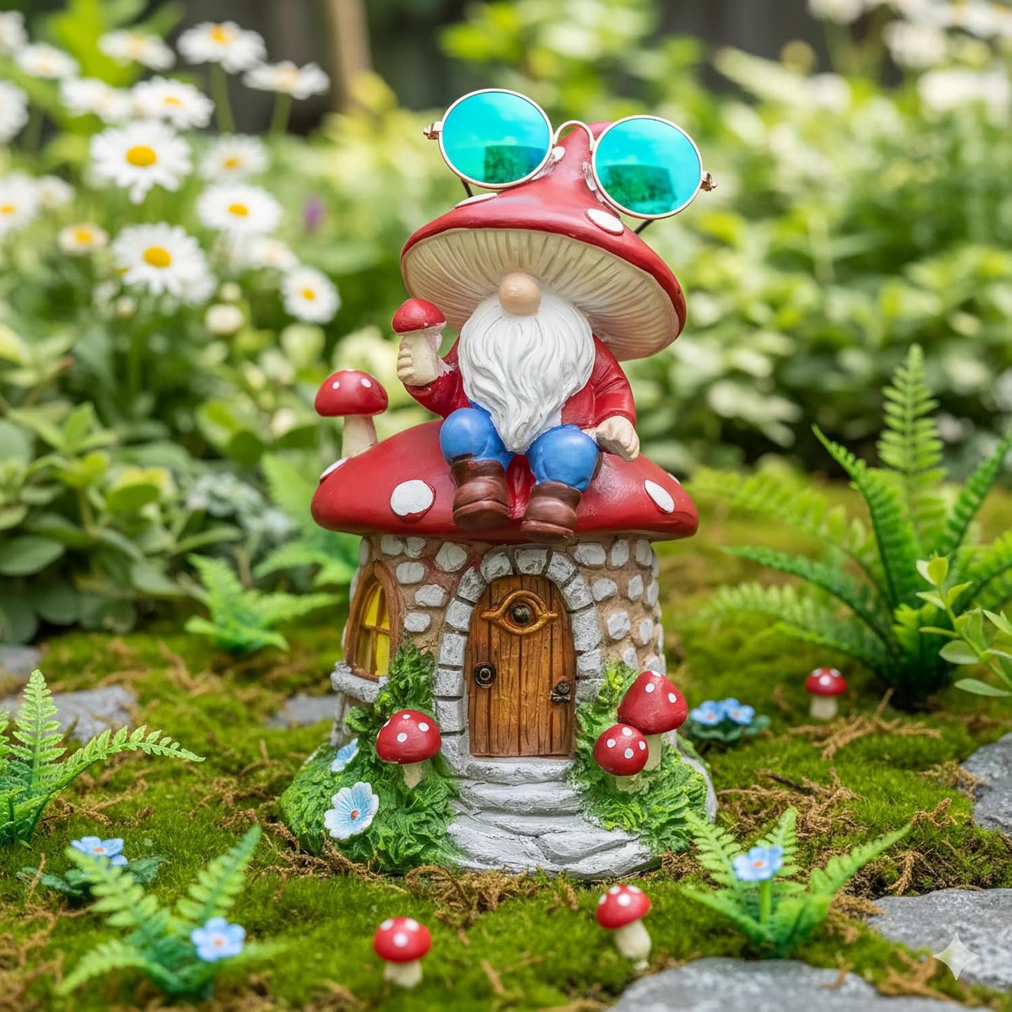 Mushroom Fairy Garden Houses, Miniature Gnomes Village Statue, Solar Figurine LED Decor for Yard Patio Lawn Proch Outside, Christmas Birthday Housewarming Gifts for Women Mom Grandma Kids