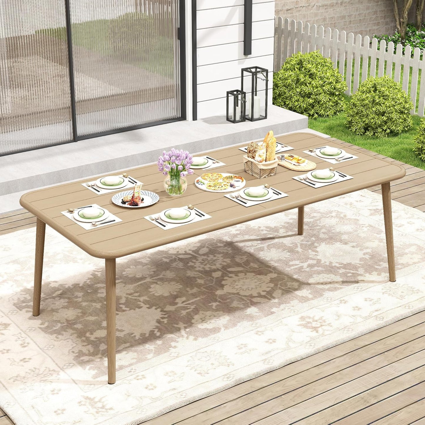 HAPPATIO Outdoor Dining Table for 8, Large Rectangular Aluminum Frame Patio Dining Table, Wood-Like Tabletop with 2" Umbrella Hole for Deck, Backyard, Lawn, Garden