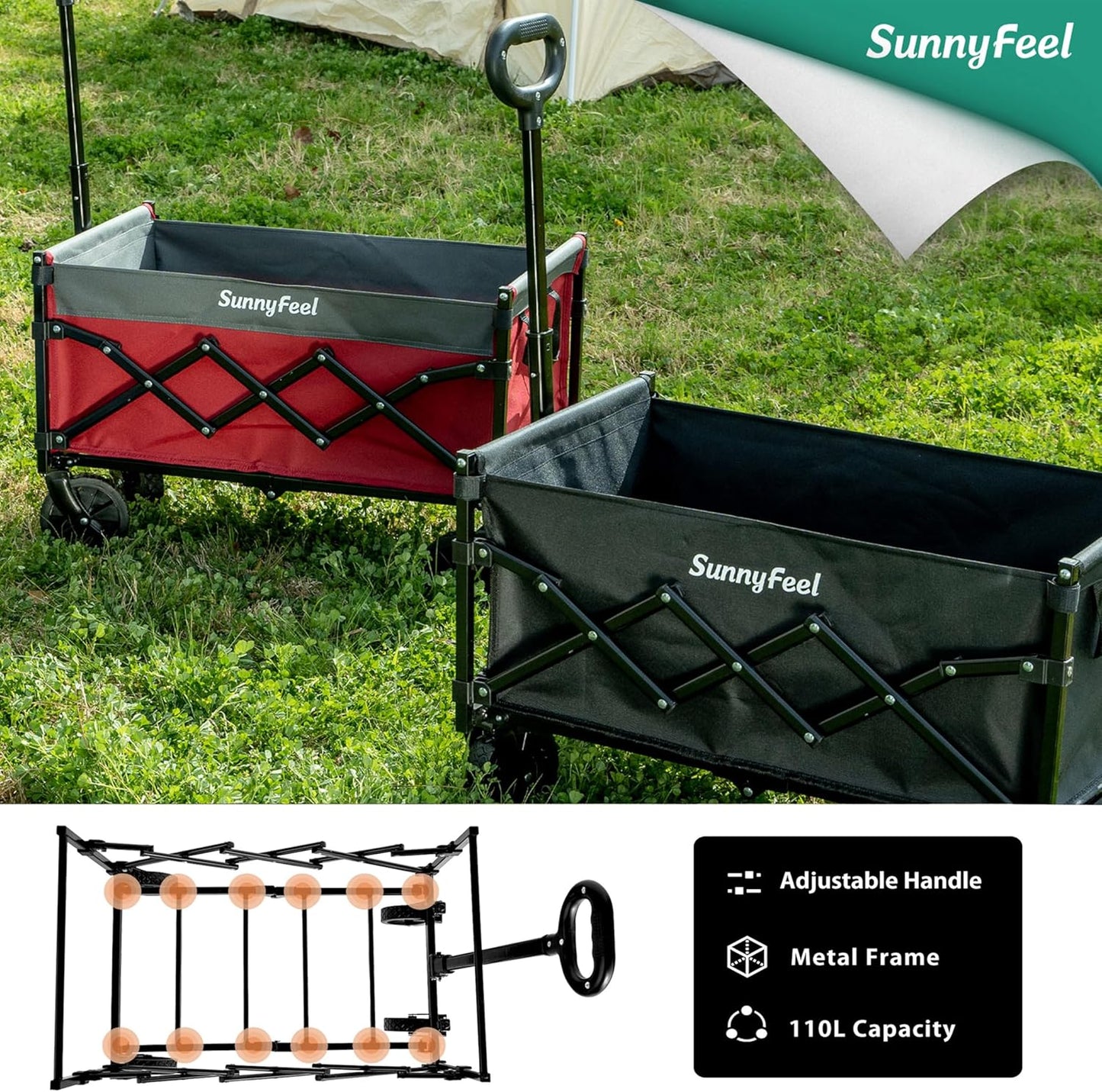 SUNNYFEEL 330lbs Wagons Carts Foldable,Heavy Duty Collapsible Folding Wagon Carts with Wheels,Lightweight Fold Up Wagon Cart for Outdoor Camping Shopping Sports Beach Garden Grocery