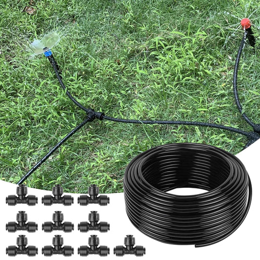 100FT 1/4 Inch Drip Irrigation Tubing with 10 Pack Push-to-Connect 1/4" Tee Connectors, Distribution Drip Line Hose & Universal Tee Fitting, for Drip Irrigation Parts or Drip System and Misting System