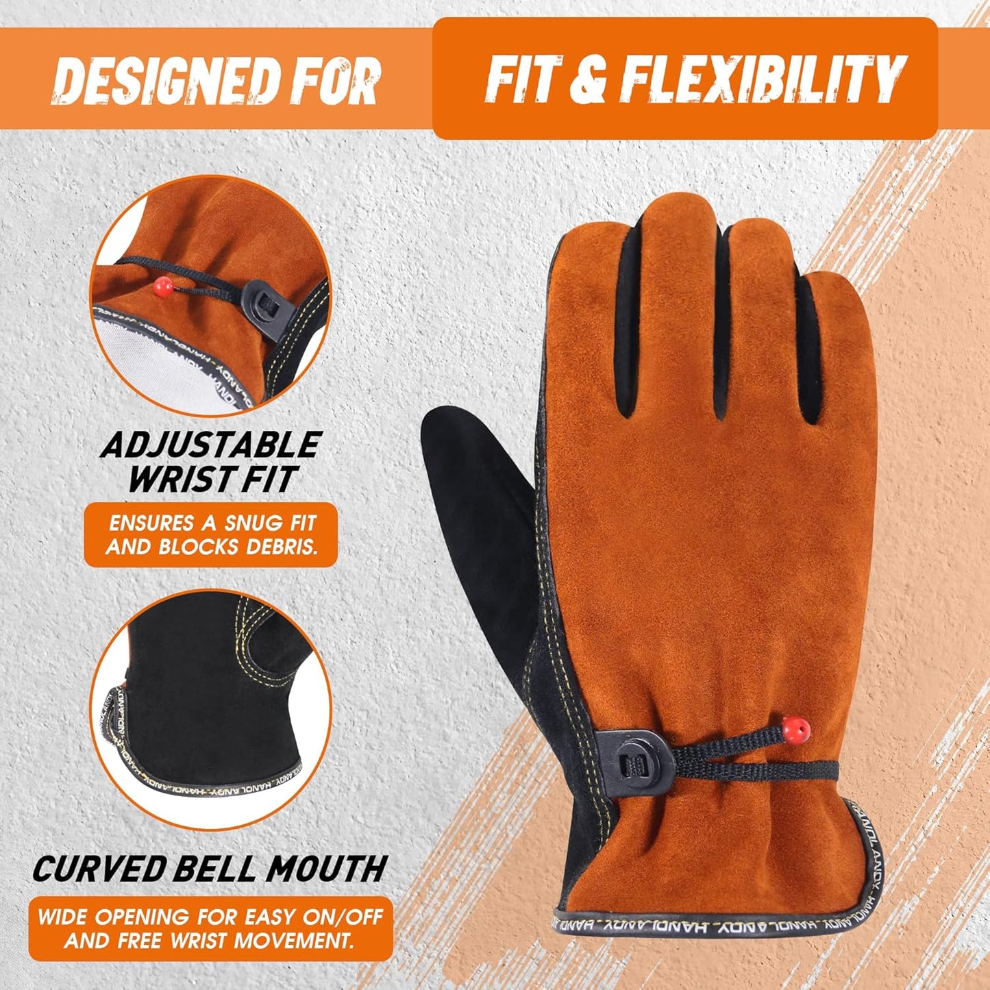 HLDD HANDLANDY Leather Work Gloves for Men & Women, Adjustable Wrist Cowhide Gardening Glove with Reinforced Palm for Driver