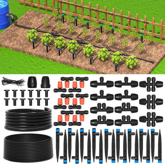 MIXC Greenhouse Micro Drip Irrigation Kit Automatic Irrigation System Patio Misting Plant Watering System with 1/4 inch 1/2 inch Irrigation Tubing Hose Adjustable Nozzle Emitters Barbed Fittings