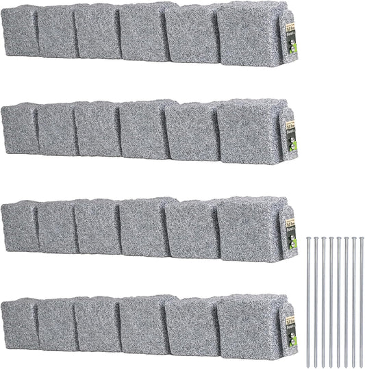 Beuta Landscape Edging | Garden Edging Border | Faux Stone Blocks for Lawn Edging, Flower Beds & Yard Edging – 4 Pack | Each Section Has 6 Blocks 48" L x 4" W x 6.5" H | 8 Spikes | Greystone