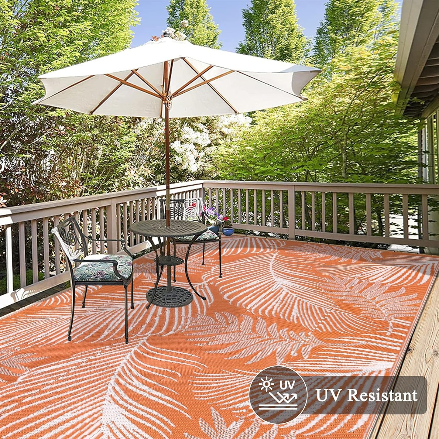 Pauwer Waterproof Outdoor Rug 8x10, Reversible Plastic Straw Patio Camping Rug, Indoor Outdoor RV Mat Carpet for Deck, Camper, Porch, Balcony, Backyard, Picnic, Leaf Orange