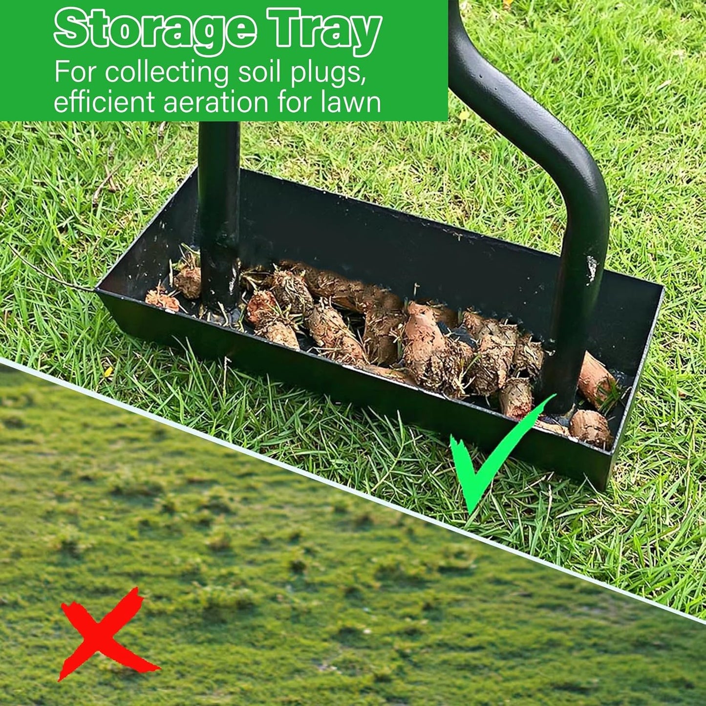 YOFIT 3-in-1 Lawn Aerator Tool with Spikes, Manual Core Yard Aerator, Grass Plug Air Aerators with Soil Tray, Metal Aeration Tools with Changeable Head for Lawn Care, Garden Maintenance (38.2 Inch)