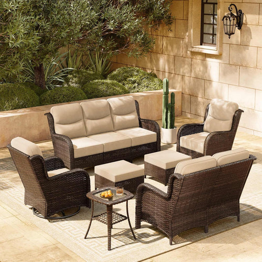 HILLGA Luxury Patio Furniture Set with 6-inch Thick Cushion, Outdoor Couch, Loveseat and High Back Swivel Rocker Patio Chairs, 7PCS Wicker Conversation Set for Deck Yard and Poolside, Beige (V2)